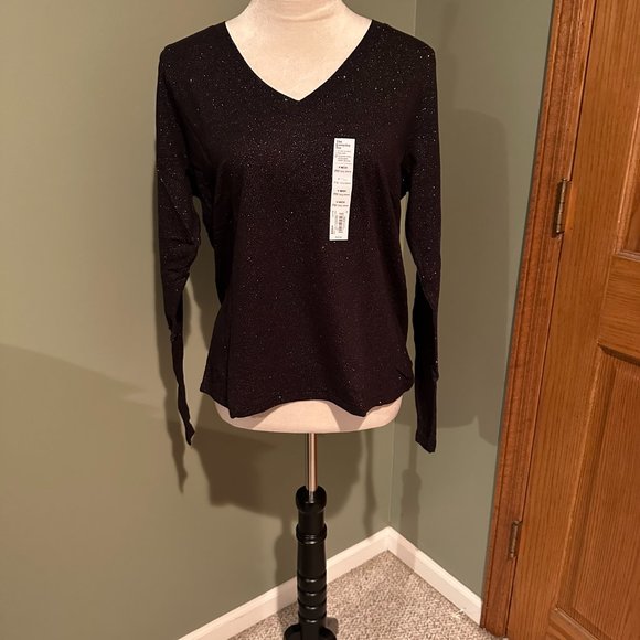 PETITE SONOMA SHINE BLACK EVERYDAY LONG SLEEVE V NECK TOP SIZE PM #486 - Picture 2 of 2